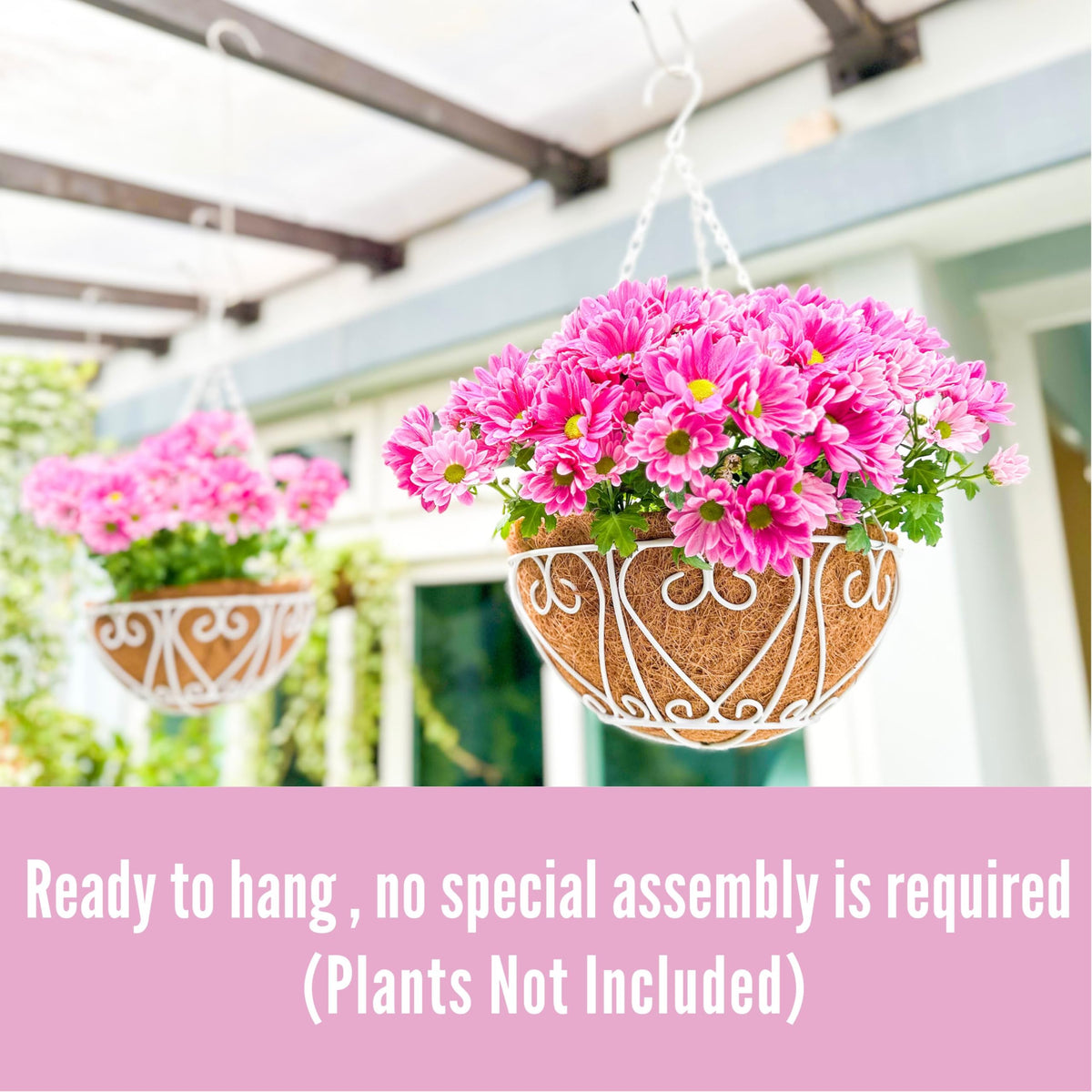 LaLaGreen Hanging Baskets for Plants (4 Pack, 16 Inch) Extra Large Hanging Flower Pot with Coco Liner White Metal Wire Round Plant Holder with Hanger Hook Chain Outdoor Patio Deck Balcony Garden Decor