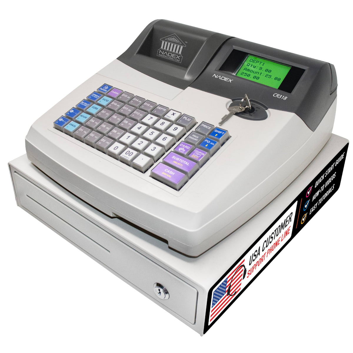 Nadex CR318 POS Cash Register, Thermal Printer, Steel Drawer, Multi-Clerk Support, White