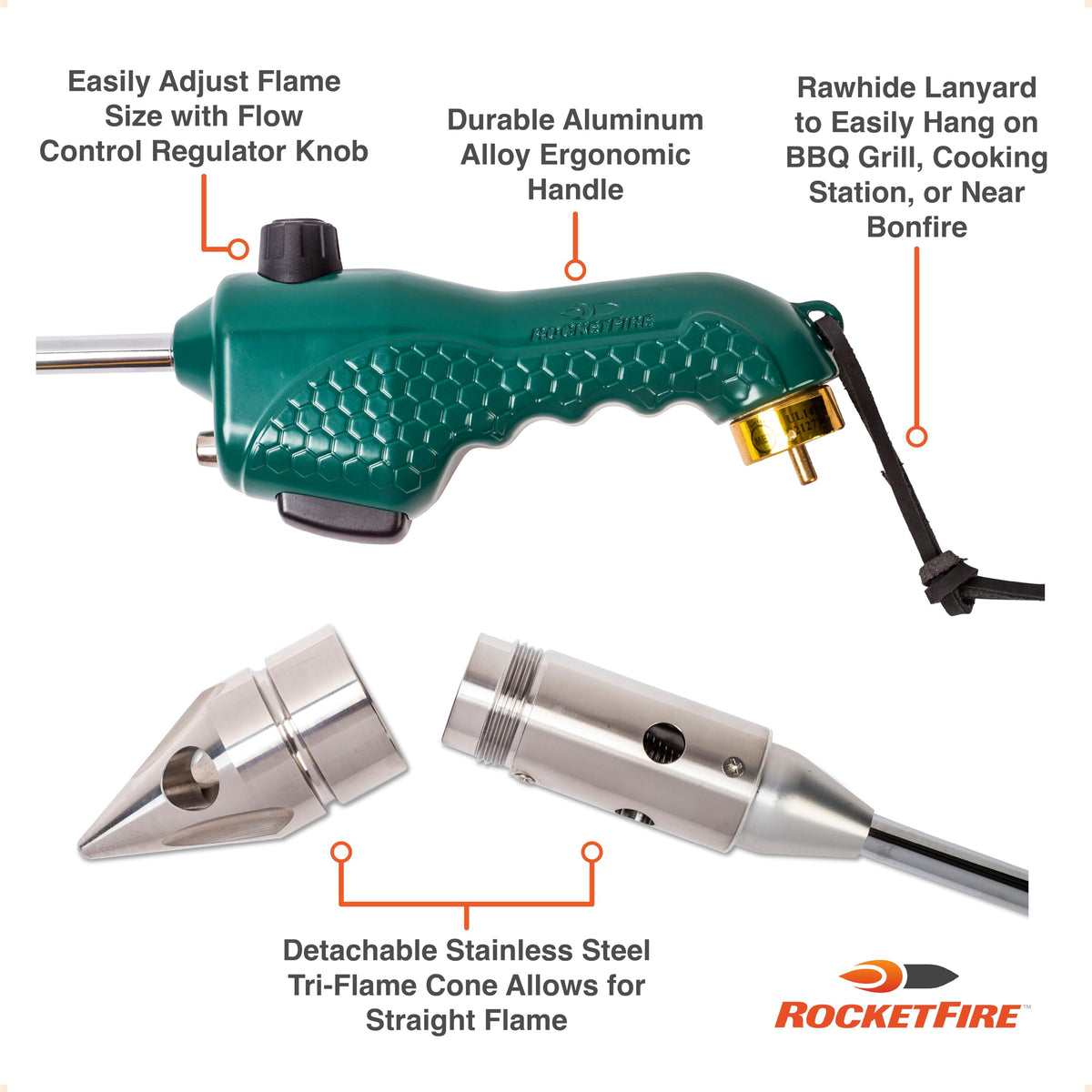 ROCKETFIRE Fire Starter Torch | Perfect Propane Torch Head, Grill Gun, Charcoal Torch | Compatible with Bernzomatic Propane & MAP/PRO Fuels | Stainless Steel Tri-Flame Tip | Fuel NOT Included | Green