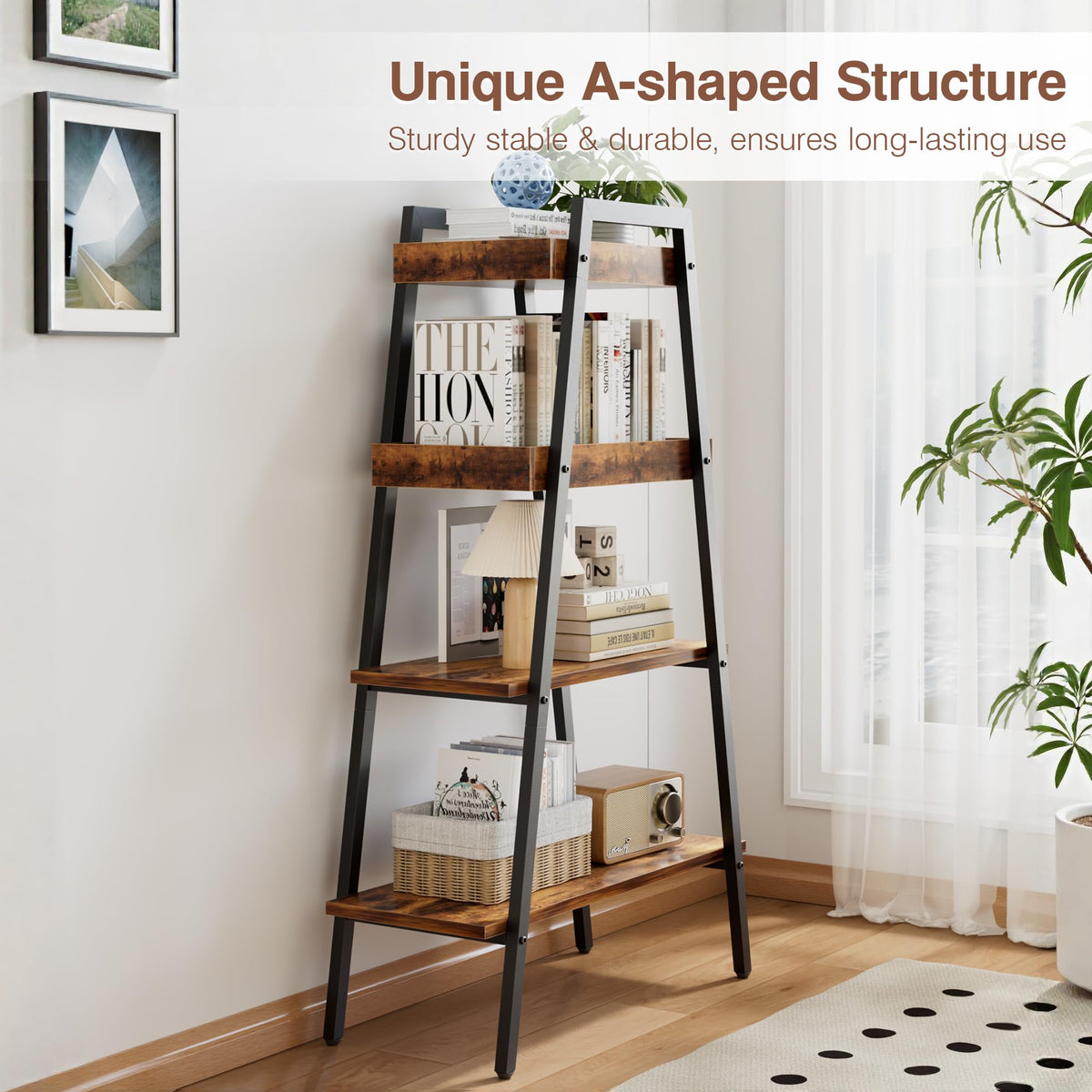 VECELO Book Shelf, 4 Tier Wooden Ladder Bookcase with Metal Frame, Enclosed Edges Combined with Open Display, Decorative and Plant Stand for Living Room/Farmhouse/Bedroom/Home Office-Brown