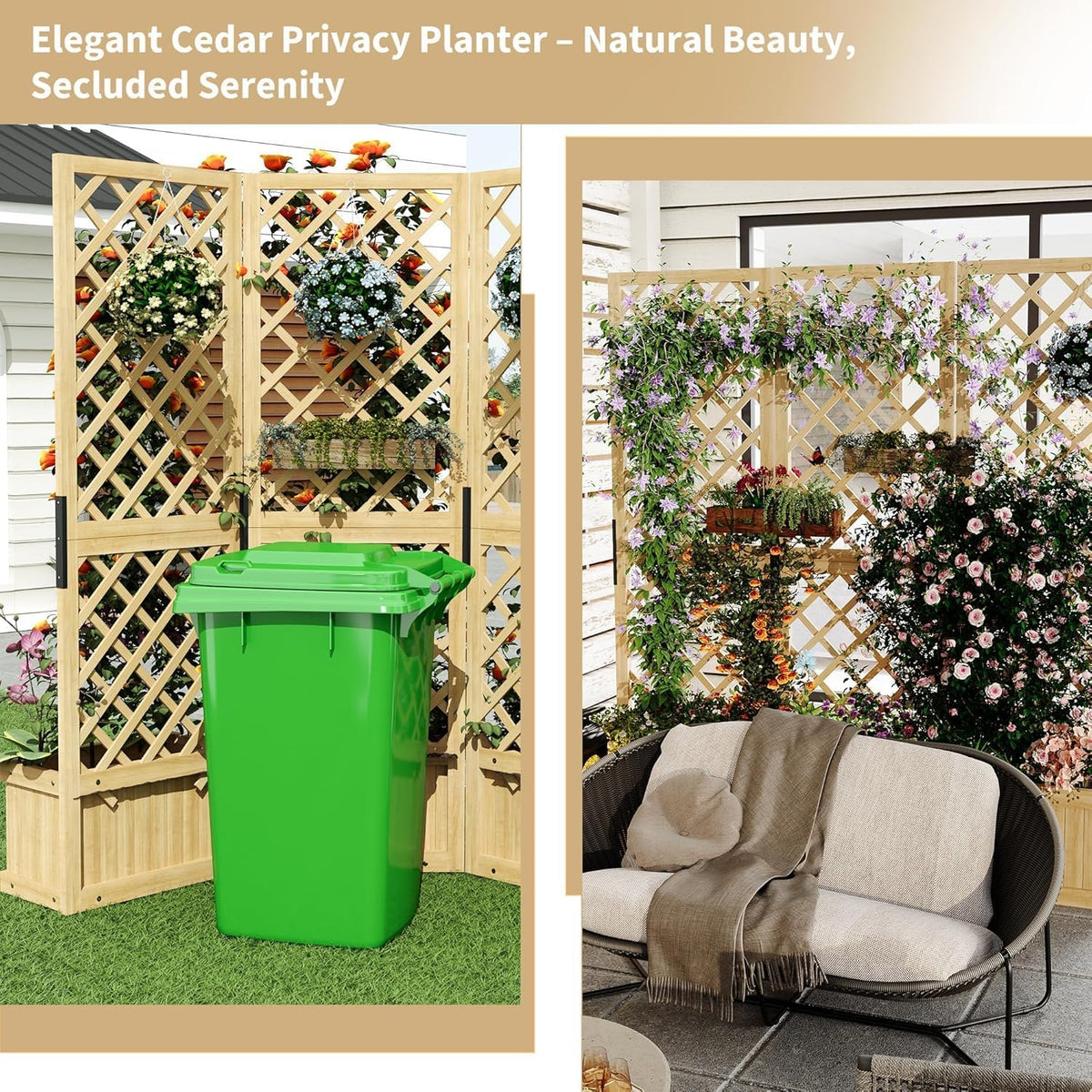 Wooden Planter Box Privacy Screen, Freestanding Cedar Outdoor Privacy Fence with Built-in Planters, Folding Patio Divider Panel with Drainage for Backyard, Balcony, Deck and Garden, Decorative Fences