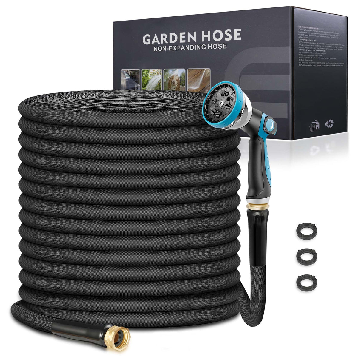 Relxitl Garden Hose 100ft, Flexible Water Hose with 10 Function Hose Nozzle, Lightweight, Tangle Free, Rust Proof for Yard, Watering(Black)