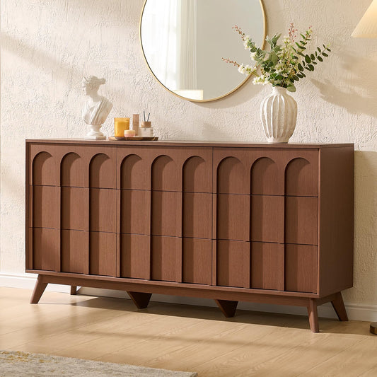 Oak&Sparrow Mid Century Modern Dresser for Bedroom, Walnut 9 Drawer Dresser with Arched Front, 63'' Wide Chest of Drawers Wood Storage Organizer for Living Room
