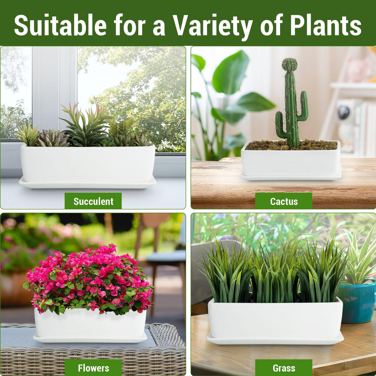 MyGift 14 Inch Ceramic Indoor Plant Pot with Drainage Hole, Rectangular Succulent Planter Window Box with Removable Saucer, Unglazed White
