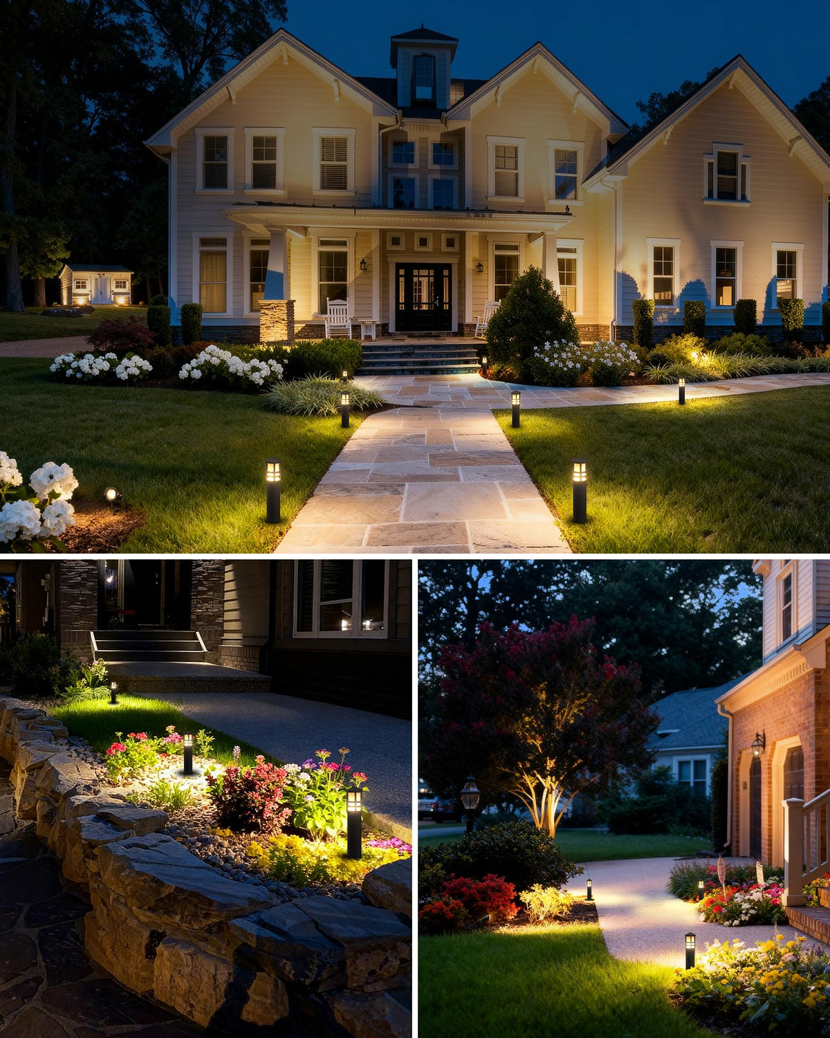 SUNVIE 12-Pack Low Voltage Landscape Lighting Kit LED Bollard Pathway Lights Wired with Spotlights for Garden, Path, Yard, Patio, Cast-Aluminum, IP65 Waterproof, 12-24V AC/DC, 3000K Warm White, Black
