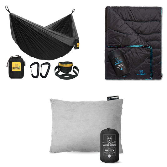 Wise Owl Outfitters Black Hammock with Pillow & Blanket - 400 lbs Capacity, 16 oz Weight, Waterproof Camping Accessories