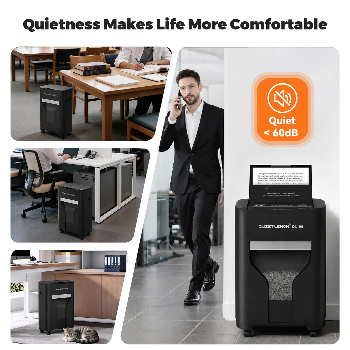 QUIETLEMON 100-Sheet Auto Feed Paper Shredder, 40 Min Non-Stop, Shredders for Home Office Heavy Duty, P-4 Ultra Security Shredder for Home Office, Cross-Cut with Wheels, 4.5 Gal Bin, <63 dB (OL100)