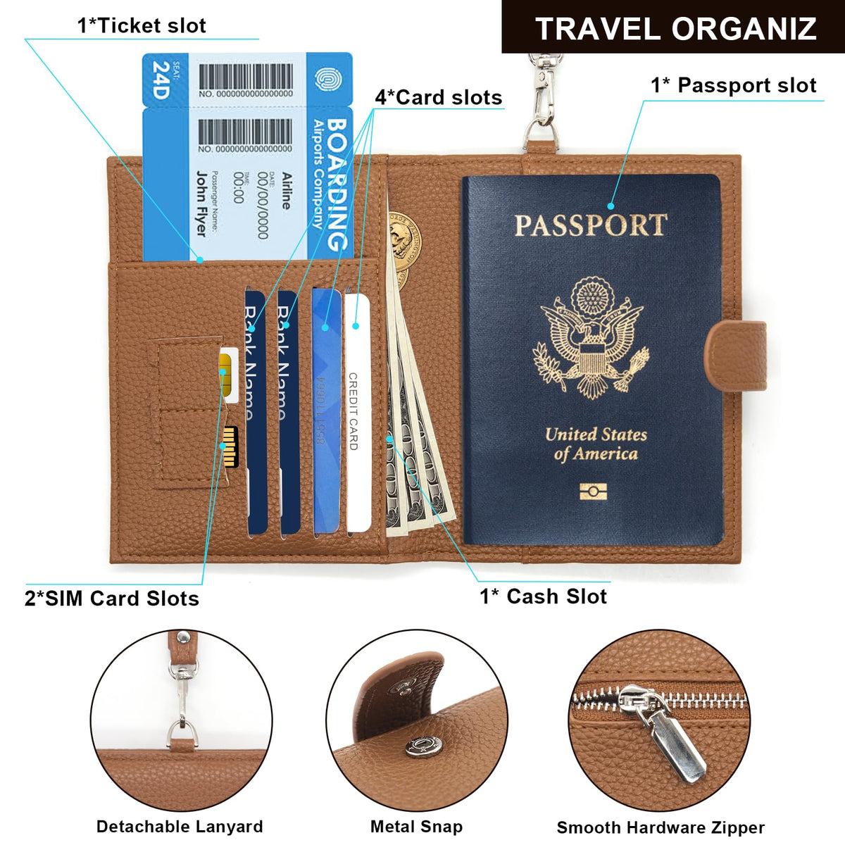 Long Keeper Passport Holder for Women Men PU Leather Anti-theft Wallet with Card Holder Slim Travel Neck Pouch with Lanyard (Beige)