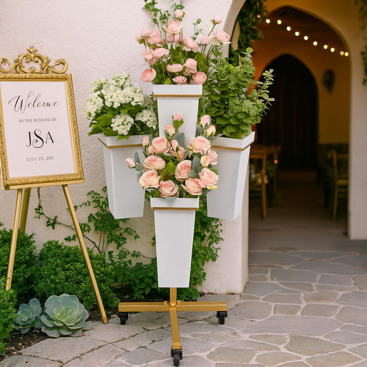 FEFZSFER Flower Display Stand with Buckets - Flower Cart with Wheels for Bouquet Shop, Metal Flower Rack Display Stand for Wedding Garden, Party, Events (Gold, Square buckets)