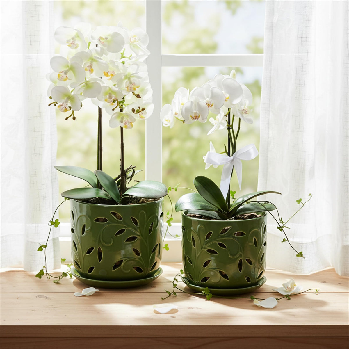 EFISPSS Orchid Pot with Holes, 5+6Inch Ceramic Plant Pots with Drainage Holes and Tray, Promoting Air Circulation and Drainage, Indoor/Outdoor Flower Pots-Green