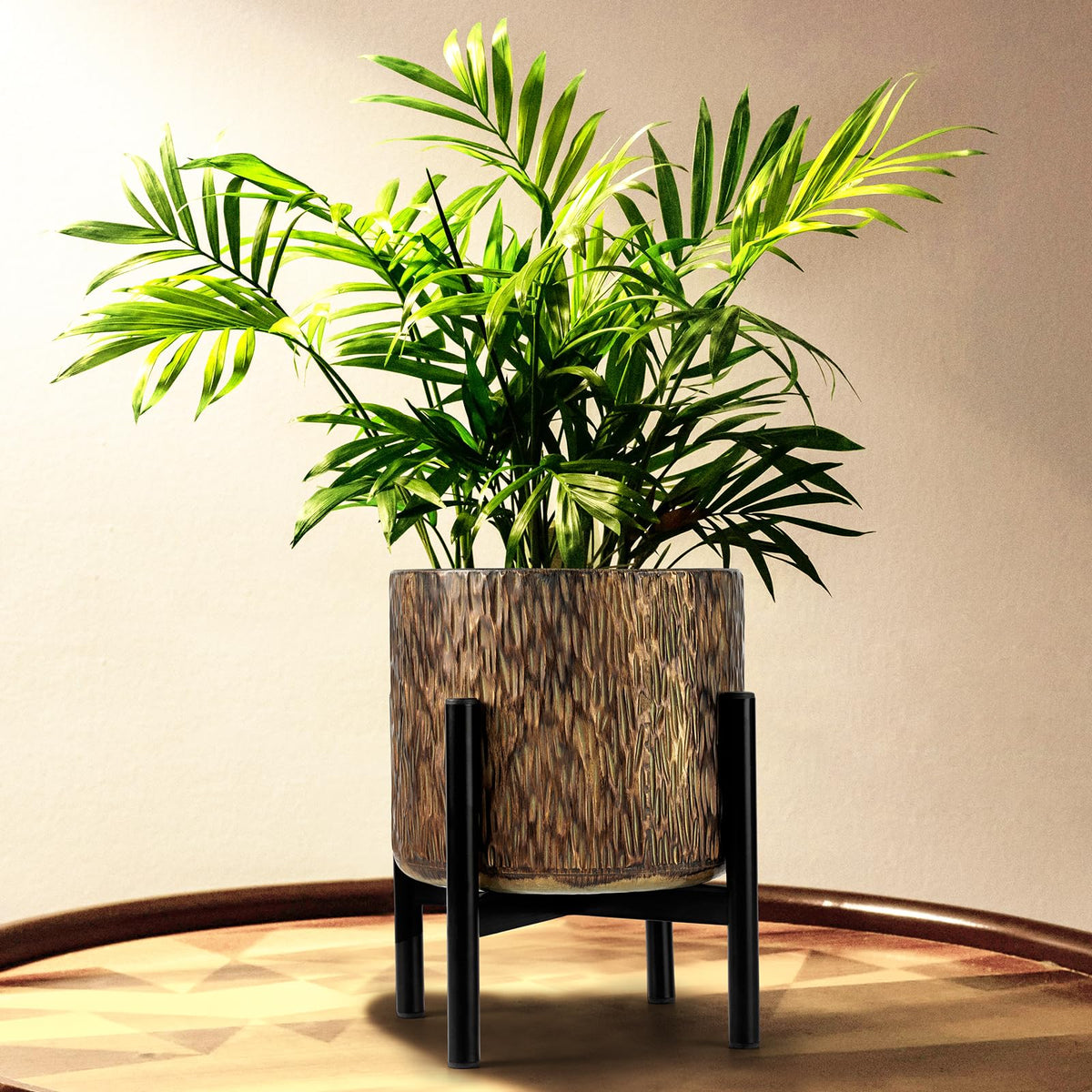 Harvest Land Plant Pots with Stand, Set of 2 Large Modern Planters Metal Tall Handmade Flower Pots with Drainage Holes Indoor Outdoor,Bronze