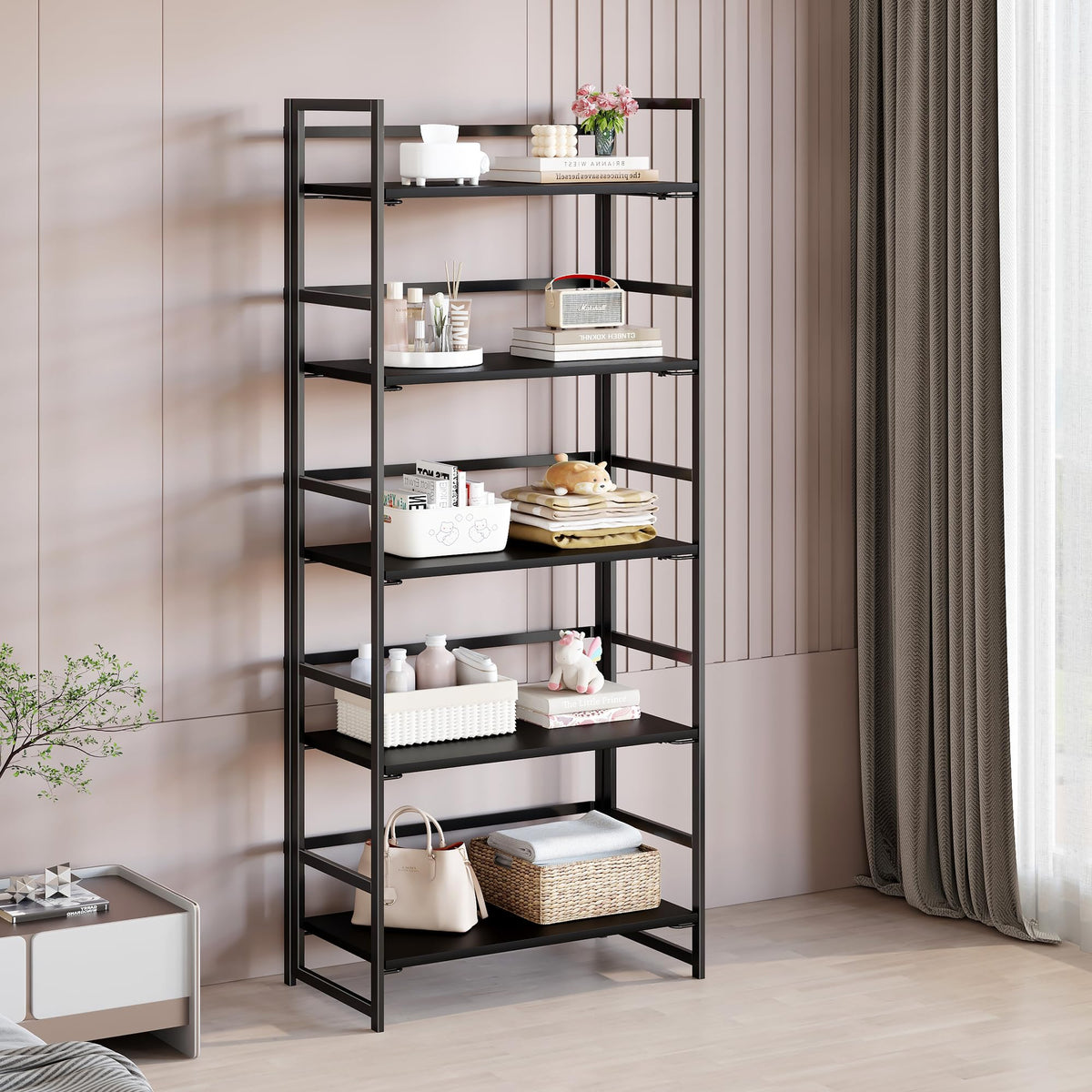 BHG Vintage Multifunctional Folding Bookshelf, No-Assembly Plant Stand Storage Rack Shelves for Home Office (All Black, 5-Tier)