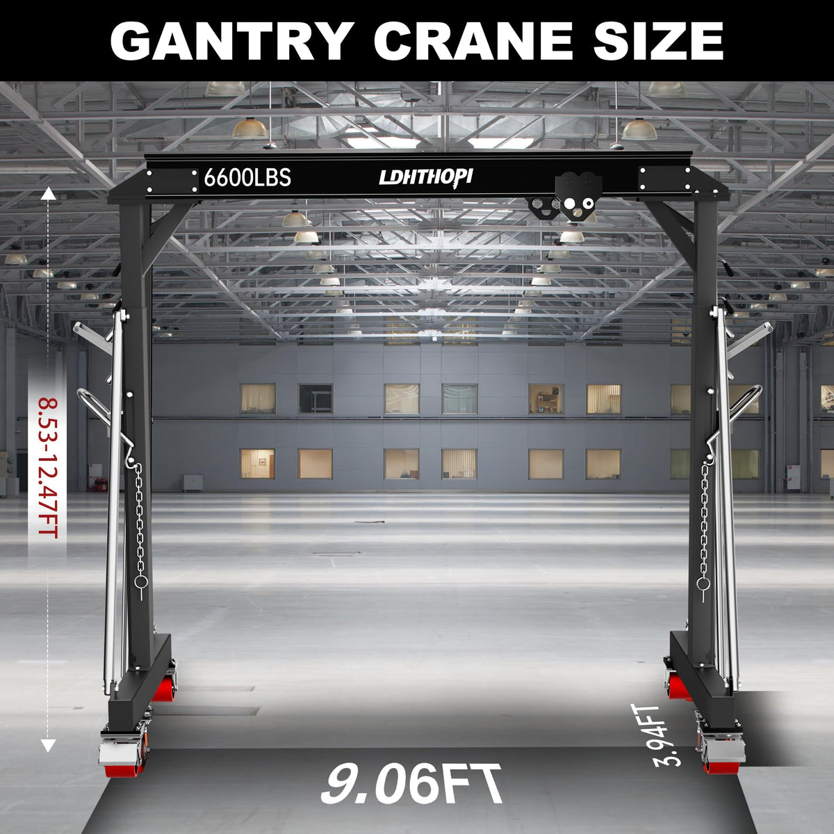 LDHTHOPI 3 Ton Gantry Crane, 6600LBS Adjustable Gantry Crane with 8.53-12.47ft Height, Shop Lift Hoist with Manual Trolley, Hook & Shackles for Warehouse, Factory,Auto Repair & Construction,Black