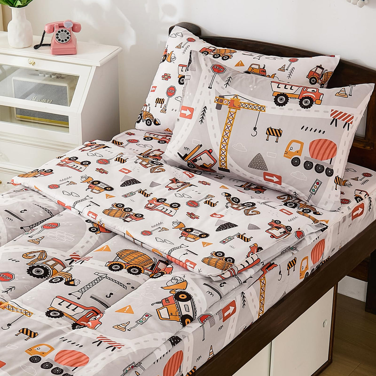 DJY Zipper Bedding Set Twin, Cars Bedding Sets for Boys, Kids Construction Comforter Set with Fitted Sheet Pillowcases, All in One Zipper Bed Set for All Seasons