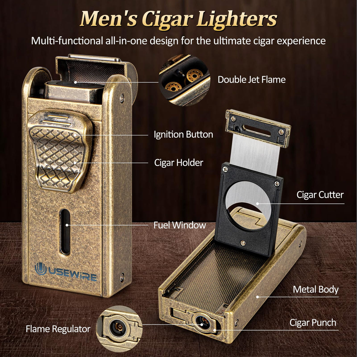 USEWIRE Cigar Humidor, Cedar Wood Leather Cigar Box Set with Cigar Lighter, Cigar Humidifier and Cedar Tray, Portable Travel Cigar Case for 7 Cigars, Men's Cigar Accessory Gift (No Butane)