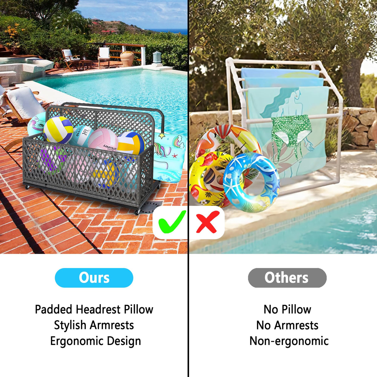 IDEALHOUSE Poolside Float Storage, Outdoor Storage, Patio Basket, Storage Box, PE Rattan Outdoor Pool Caddy with Rolling Wheels for Floaties, Patio, Pool, Beach-Sturdy & Movable, Diamond Gray