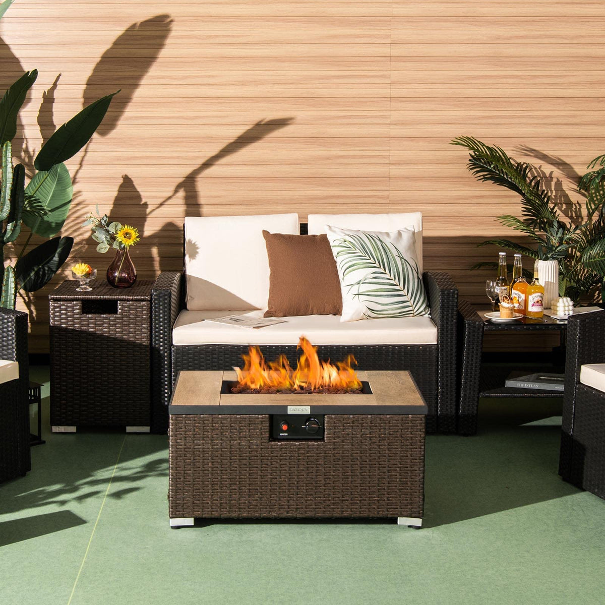Tangkula 2 Piece Outdoor Propane Fire Pit Table Set with Hideaway Propane Tank Holder, 40,000 BTU Rattan Wicker Fire Pit Table with Lava Rocks, Waterproof Cover, Ideal for Backyard, Patio (Brown)