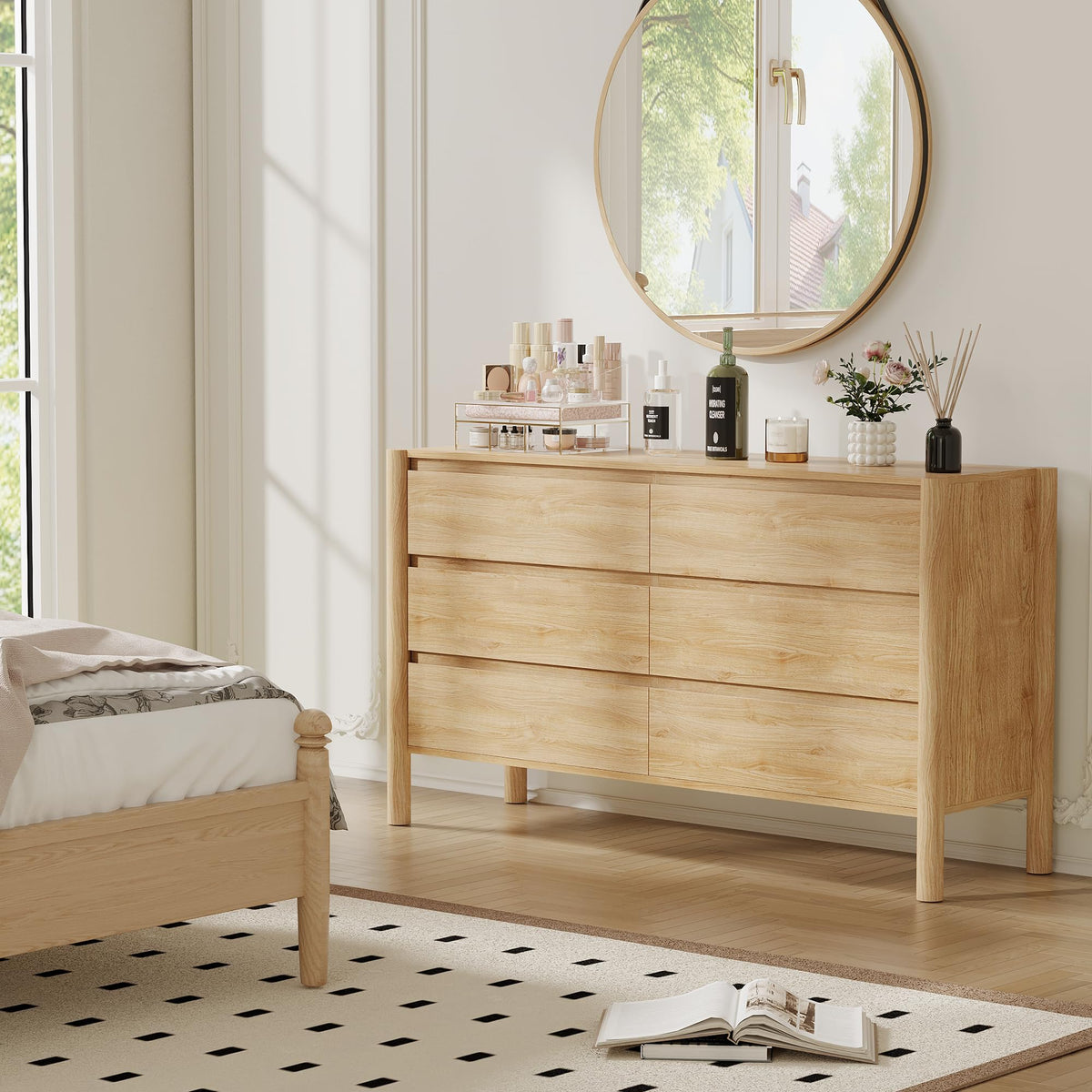 CHUWELL Dresser for Bedroom, 47" Wide Mid Century Modern Chest of Drawers with 6 Large Storage Space and 4 Solid Wood Cylindrical Legs, 6 Drawer Large Dresser for Bedroom(Oak)