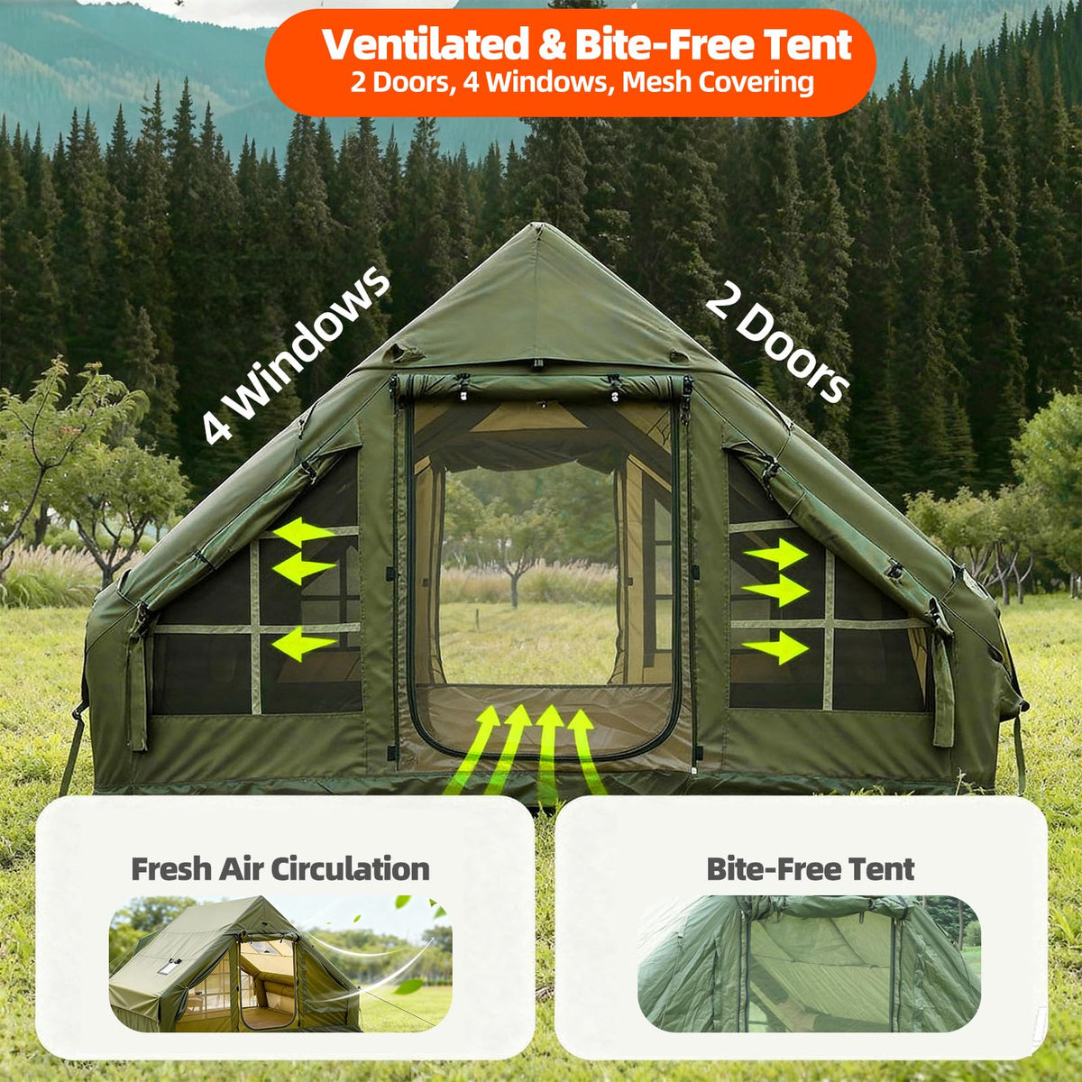 Inflatable Camping Tent, Glamping Blow Up Tent with Hand Pump for All-Season, 3 Mins Easy Setup, Waterproof Tens with Mesh Window for 4-6 Person, Suit for Family, Friend, Camp, Outdoor Gathering