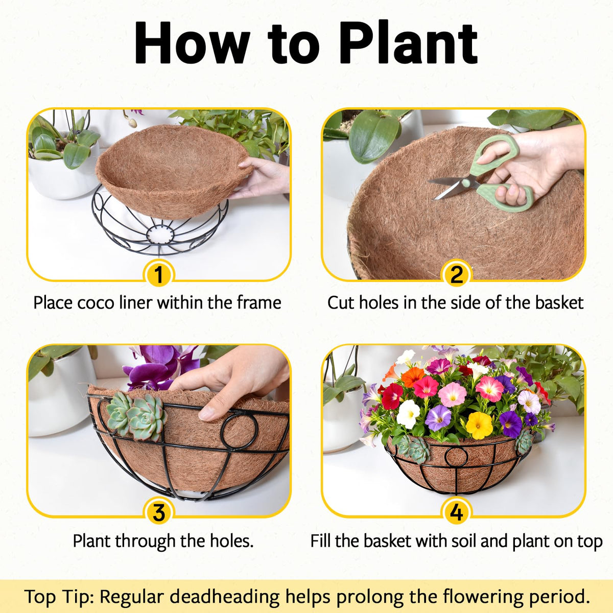 ZeeDix 2 Pack Round Hanging Baskets for Plants Outdoor, 12 Inch Metal Wire Planter Basket with Coco Liner, Hanging Flower Pots for Garden Yard Patio Porch Balcony Decor