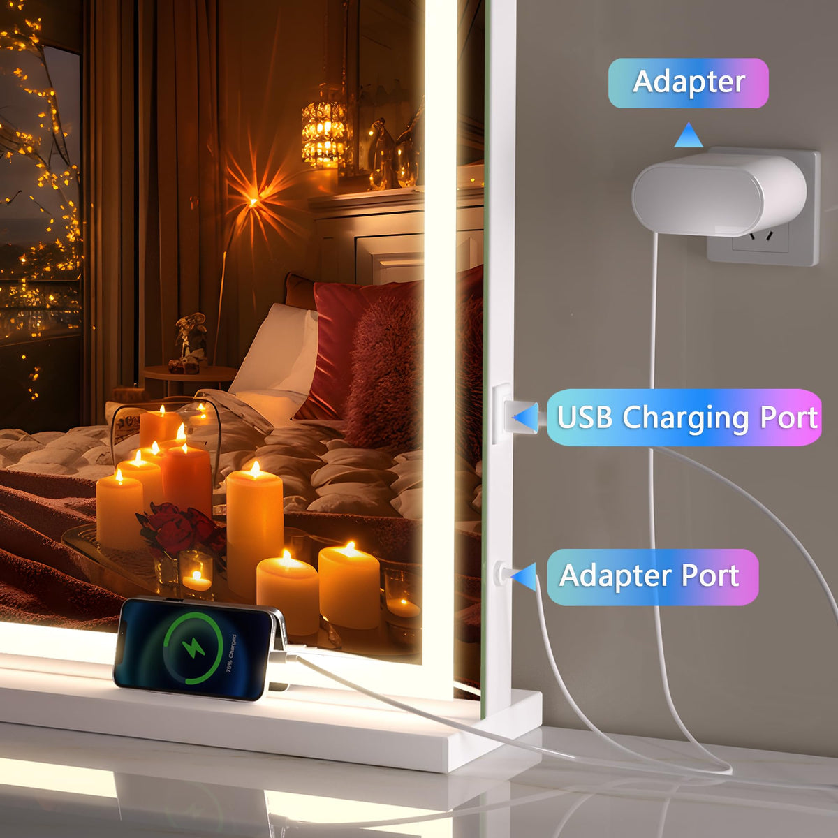 Hasipu Vanity Mirror with Lights and Bluetooth Speaker, 40" x 29.5" LED Makeup Mirror, Lighted Makeup Mirror with Dimmable 3 Modes, USB Charging Port, Square White