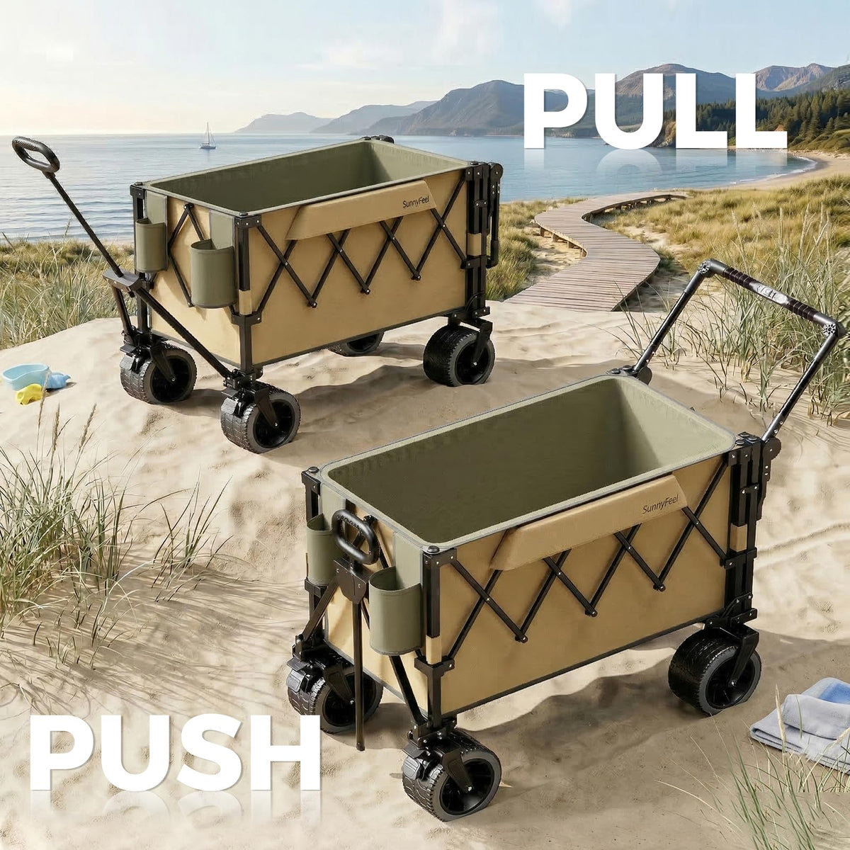 SUNNYFEEL 550LBS Collapsible Wagon Cart - Heavy Duty Push Pull Foldable Wagon with Dual Handles and Big Wheel,Utility Cart with Rear Tailgate for Camping, Fishing, Gardening, Shopping, Grey