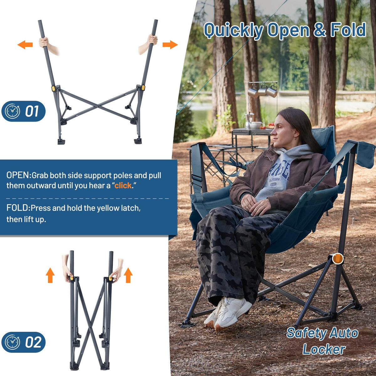 TIMBER RIDGE Hammock Camping Chair with Adjustable Backrest, Heavy Duty Folding Hammock Chair Supports 300lbs, Portable Hammock Chair for Camping, Travelling and Patio, Blue
