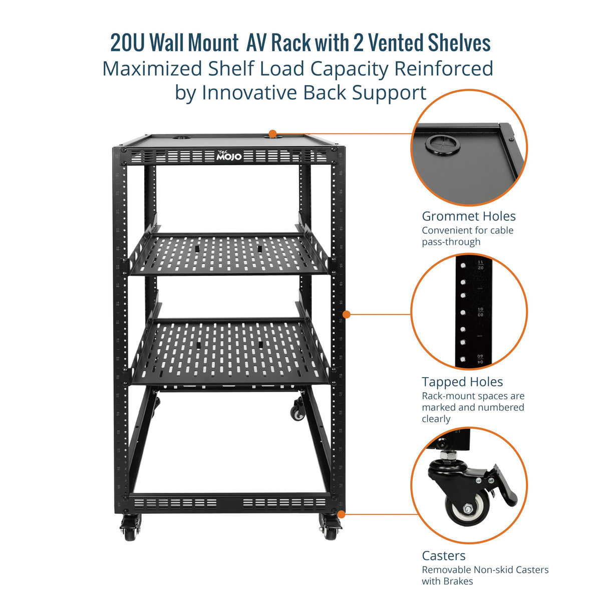 TECMOJO 20U Open Frame Network Rack for IT & AV Gear, 4-Post With Casters, Mobile With 2 PCS 1U Server Shelf & Mounting Hardware, for 19" Network, Audio and Video Device