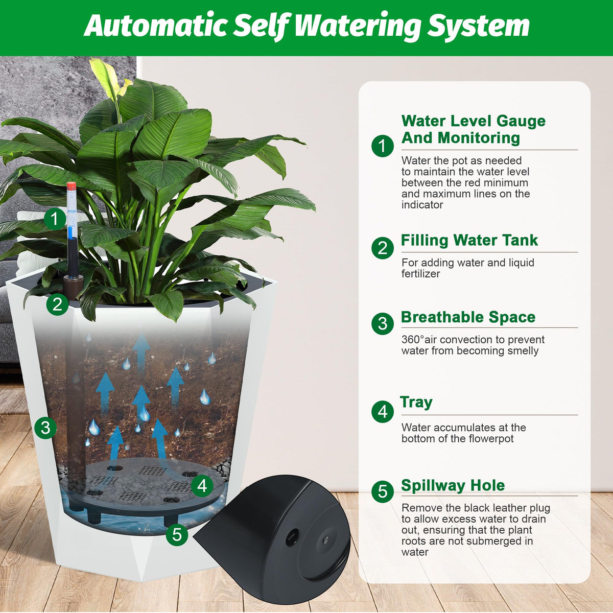 GarveeLife 16 Inch Tall Planters Set of 2, Outdoor Planters Self Watering Plant Pots with Water Level Monitor, Multiple Drainage Holes, Flower Pots for Patio, Porch, Living Room, or Home Office, White