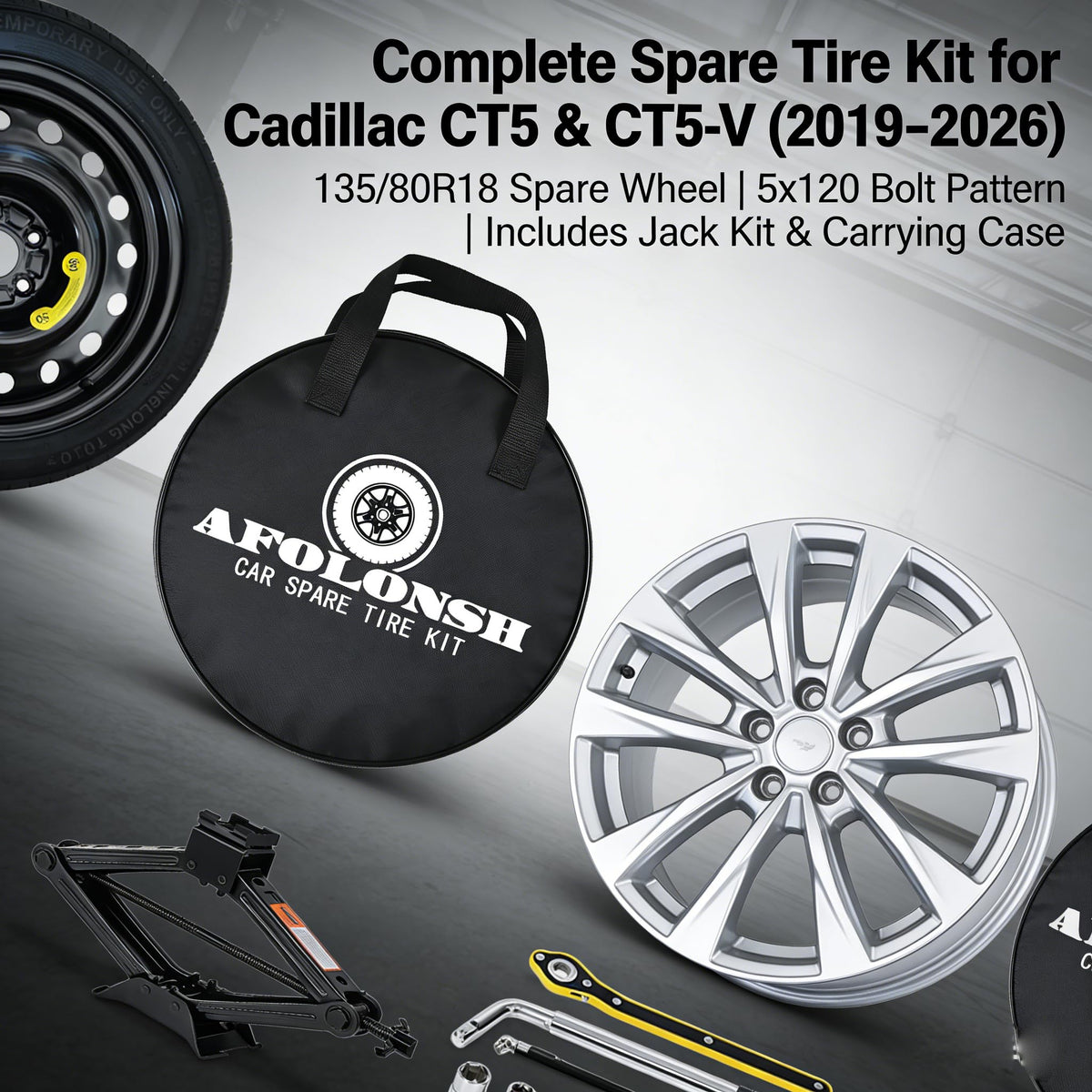 Afolonsh Spare Tire Kit Compatible with 2019-2026 Cadillac CT5 And CT5-V | 135/80R18 Spare Wheel on 18x4 Rim | 5x120 Bolt Pattern | 26.5" Rolling Diameter | Includes Car Jack Kit & Tire Carrying Case