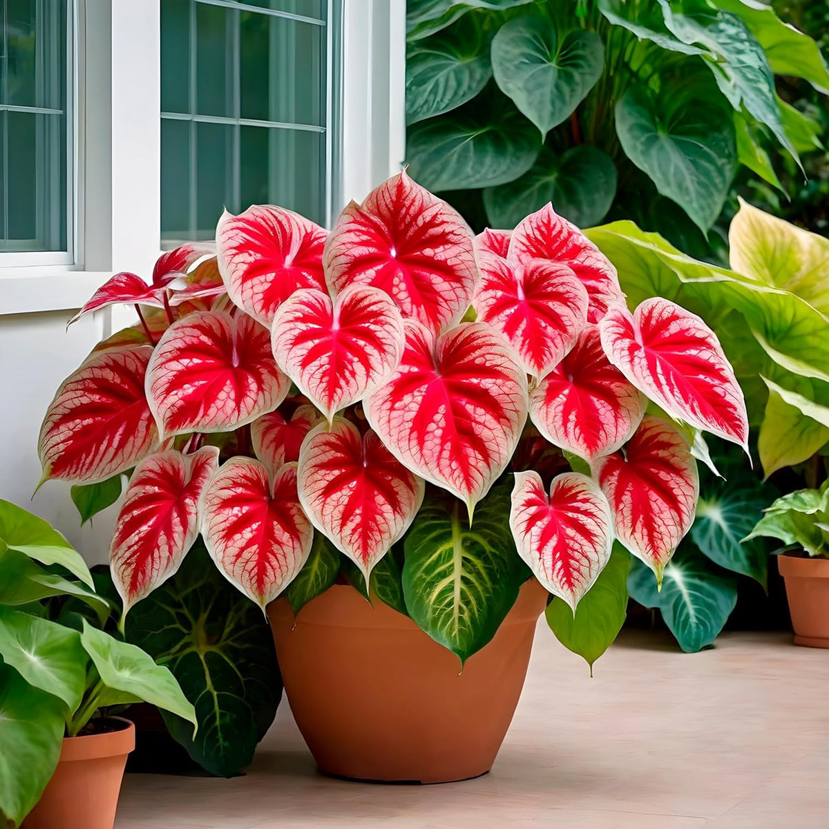 10 Crimson Sky Caladium Bulbs for Planting - Perennial Hosta, Elephant Ears, Fancy (10 Bulbs)