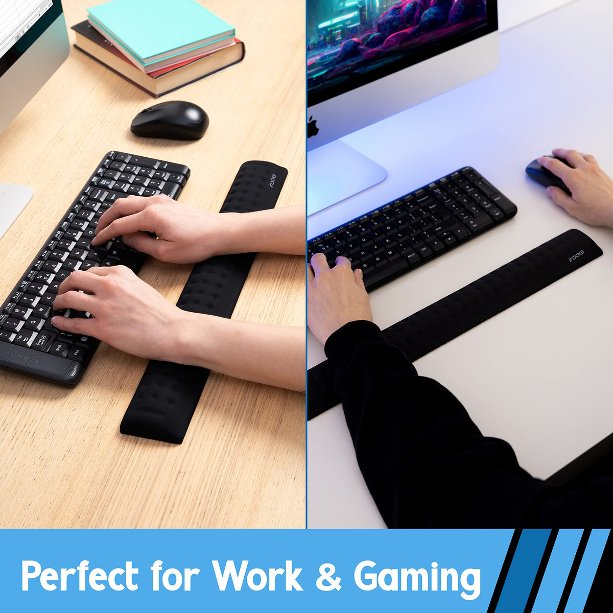 i-Rocks Memory Foam Keyboard Wrist Rest - Pain-Reducing, Non-Slip Rubber Base Wrists Rest Support - Cooling Ergonomic Laptop & Computer Keyboard Pad for Long Hours of Work, Studying, Gaming - Black