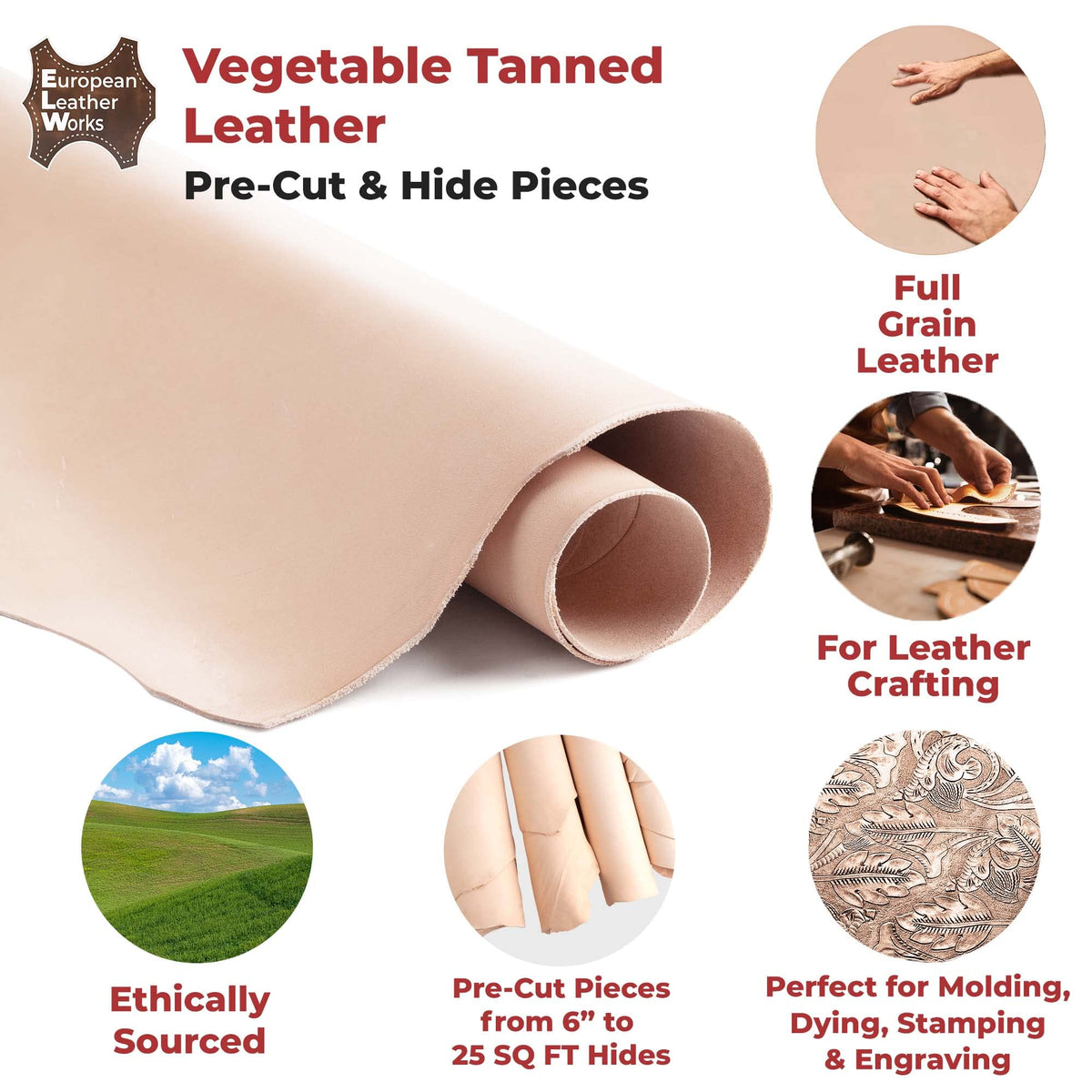 ELW 5-6 oz (2-2.4mm) Thickness Weight Pre-Cut 12"x24" Vegetable Tanned Leather Cowhide Grade AB Full Grain Leather for Tooling, Carving, Engraving, Molding, Embossing, Stamping, & Dyeing