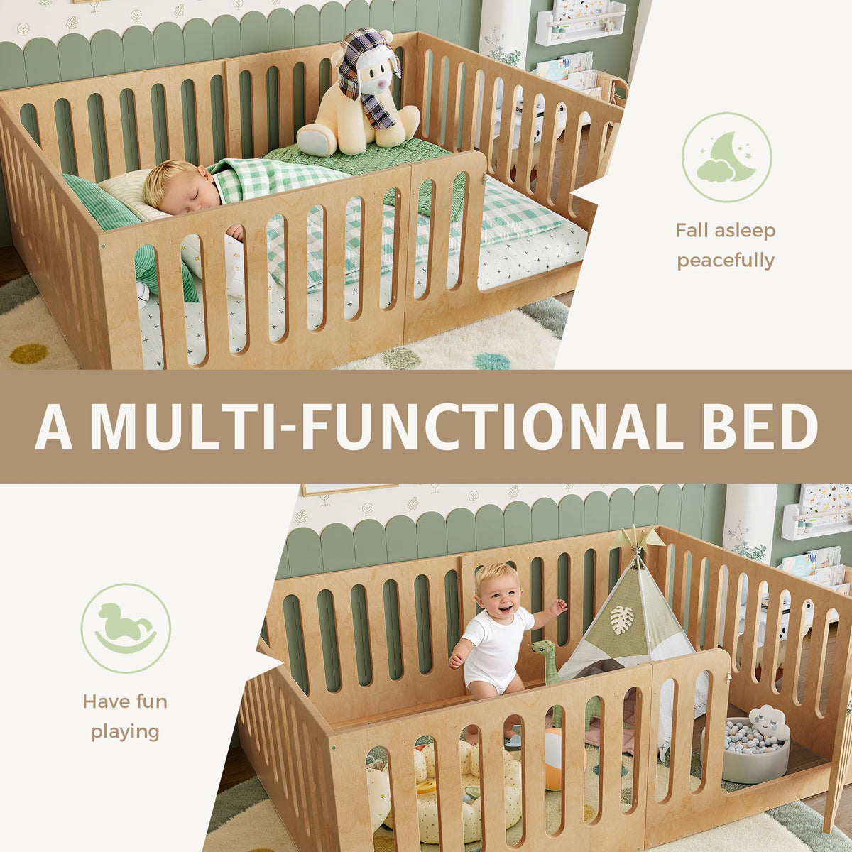 GDFStudio Full Size Montessori Floor Bed with Door, Solid Wood Kids Floor Bed Frame, Low Profile No Box Spring Needed, House Style Design, Sturdy Slats Support, Natural Finish, Easy Assembly