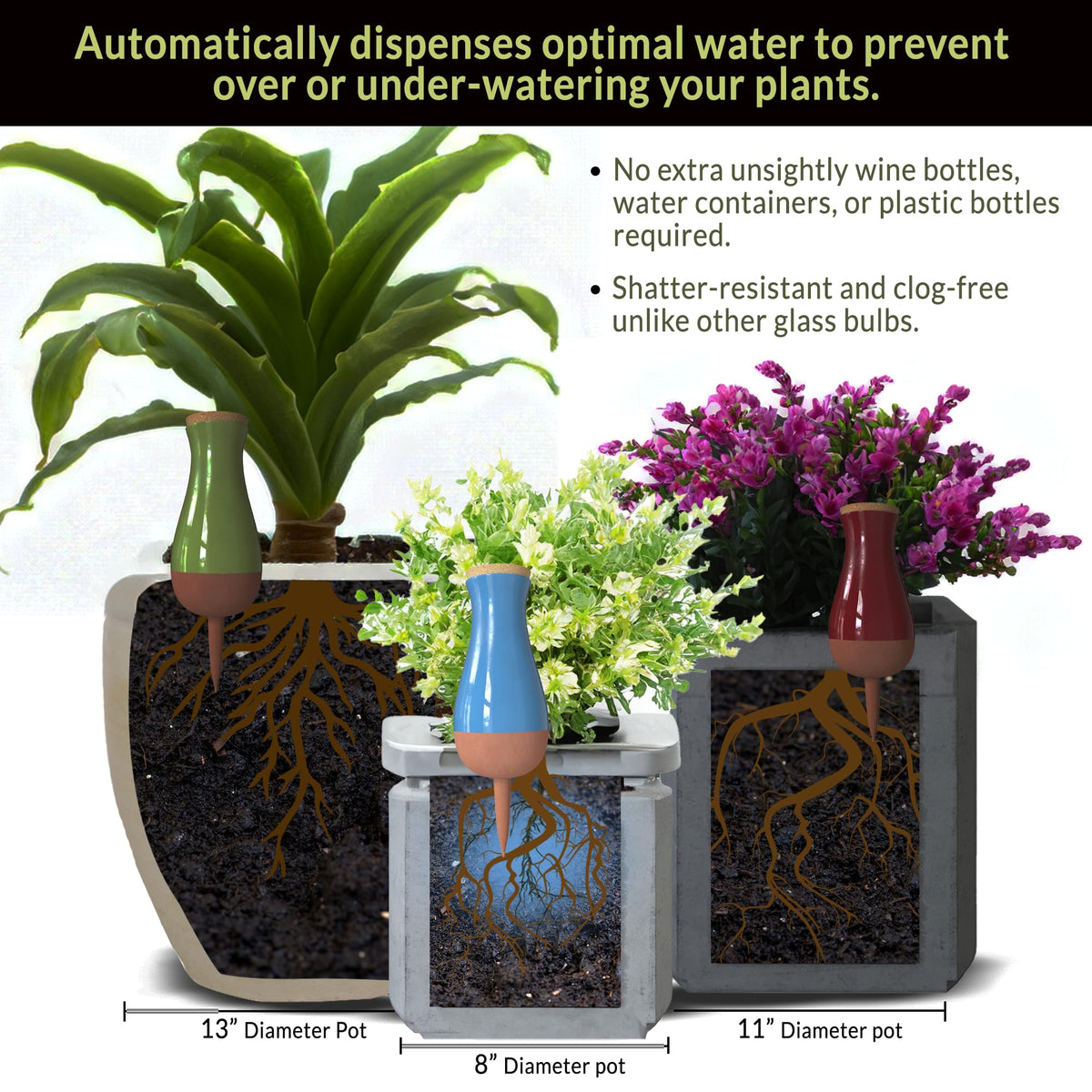 SmartiLiving Drip Irrigation Stakes - Extra Large Improved Drip Easy-Refill 4 Week Waterer System with Large Reservoir Bulbs - Automatic Self-Watering Device for Indoor & Outdoor Plants