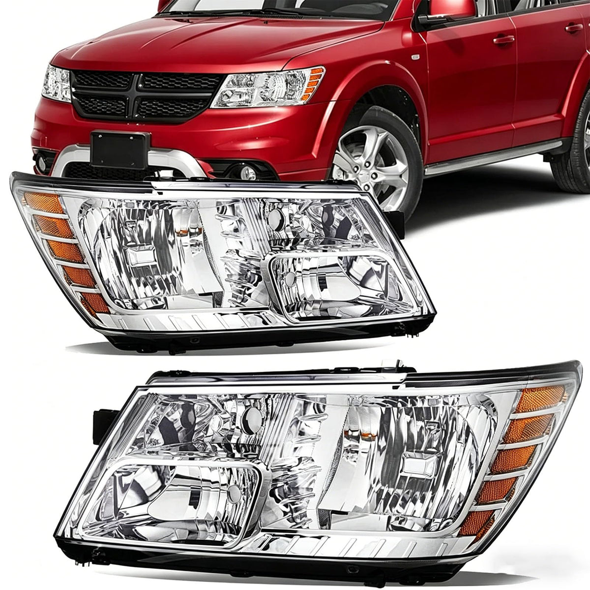 For 2009 2010 2011 2012 2013 2014 2015 2016 2017 2018 2019 2020 Journey Headlight Assembly Compatible with 2009-2018 Dodge Journey Clear Lens Chrome Housing Amber Reflector Headlamp Replacement