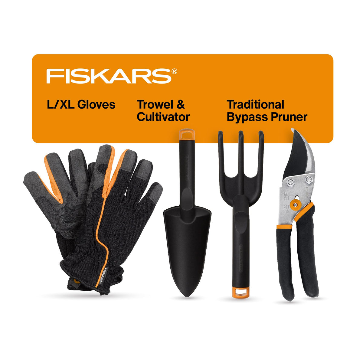 Fiskars 4-Piece House Plant Starter Tool Gift Set, Plant Care Accessories Set for Indoor Gardening and Potting, Pruning Shears with Steel Blade, FiberComp Trowel & Cultivator, L/XL Garden Gloves