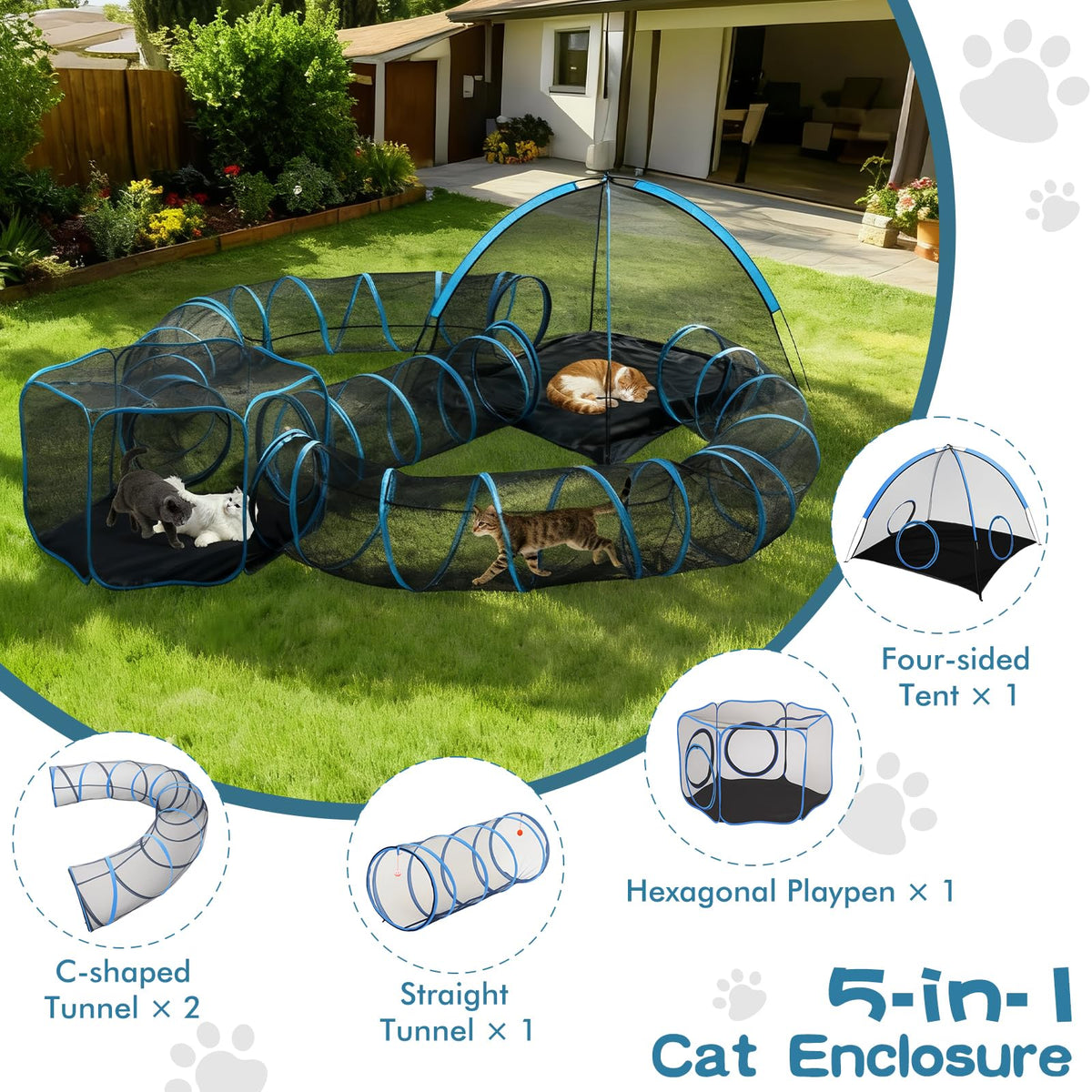 Tivray Outdoor Cat Enclosure, 5-in-1 Cat Tent Outdoor Pet Playpen with Tunnel, Portable Catio Play Pen for Outside and Indoor cat Enclosure with Storage Bag for Kitty and Small Animals