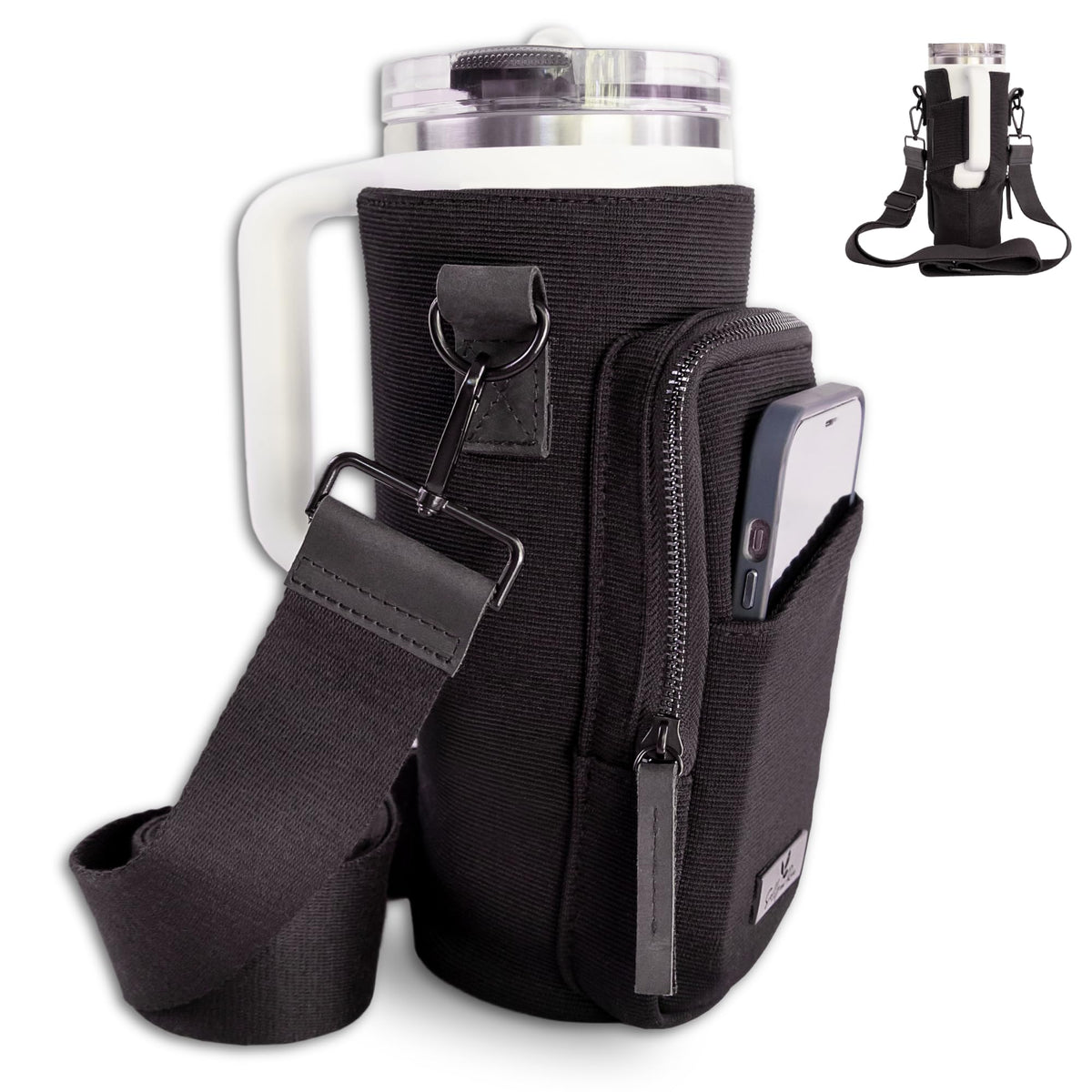 SOLLY AND RUE Water Bottle Sling Bag Crossbody Water Bottle Holder with Strap & Phone Pocket Insulated Carrier for Stanley & Hydro Flask up to 40oz Travel & Walking Companion