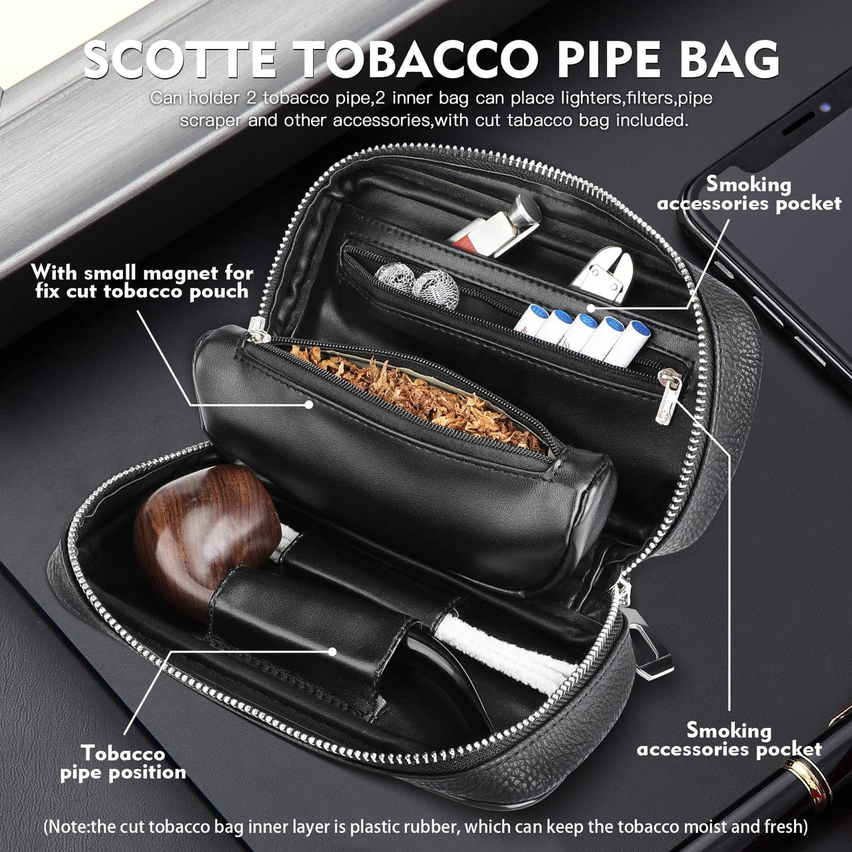 Scotte Tobacco Smoking Pipe,Leather Tobacco Pipe Pouch Pear Wood Pipe Accessories (Scraper/Stand/Filter Element/Filter Ball/Small Bag/Box) (black 2)