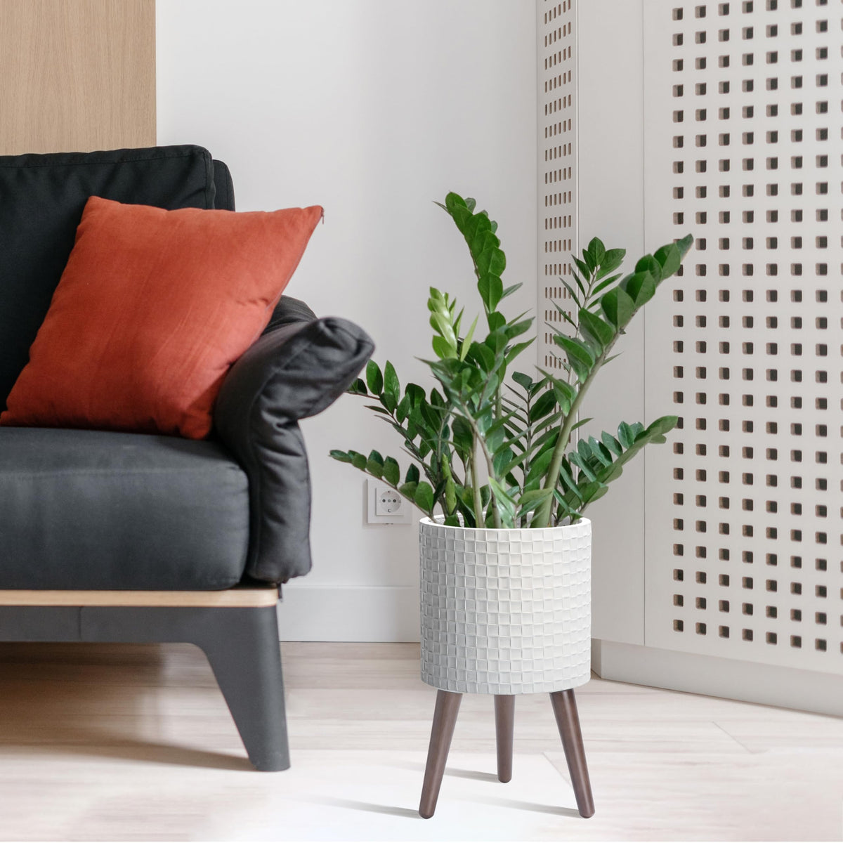 D'vine Dev 10 Inch Modern Geometric Tile Patterned Sleek Planter Pot with Stand, Indoor Outdoor Decorative Plant Holder, Matte White, 88-Z-B-1