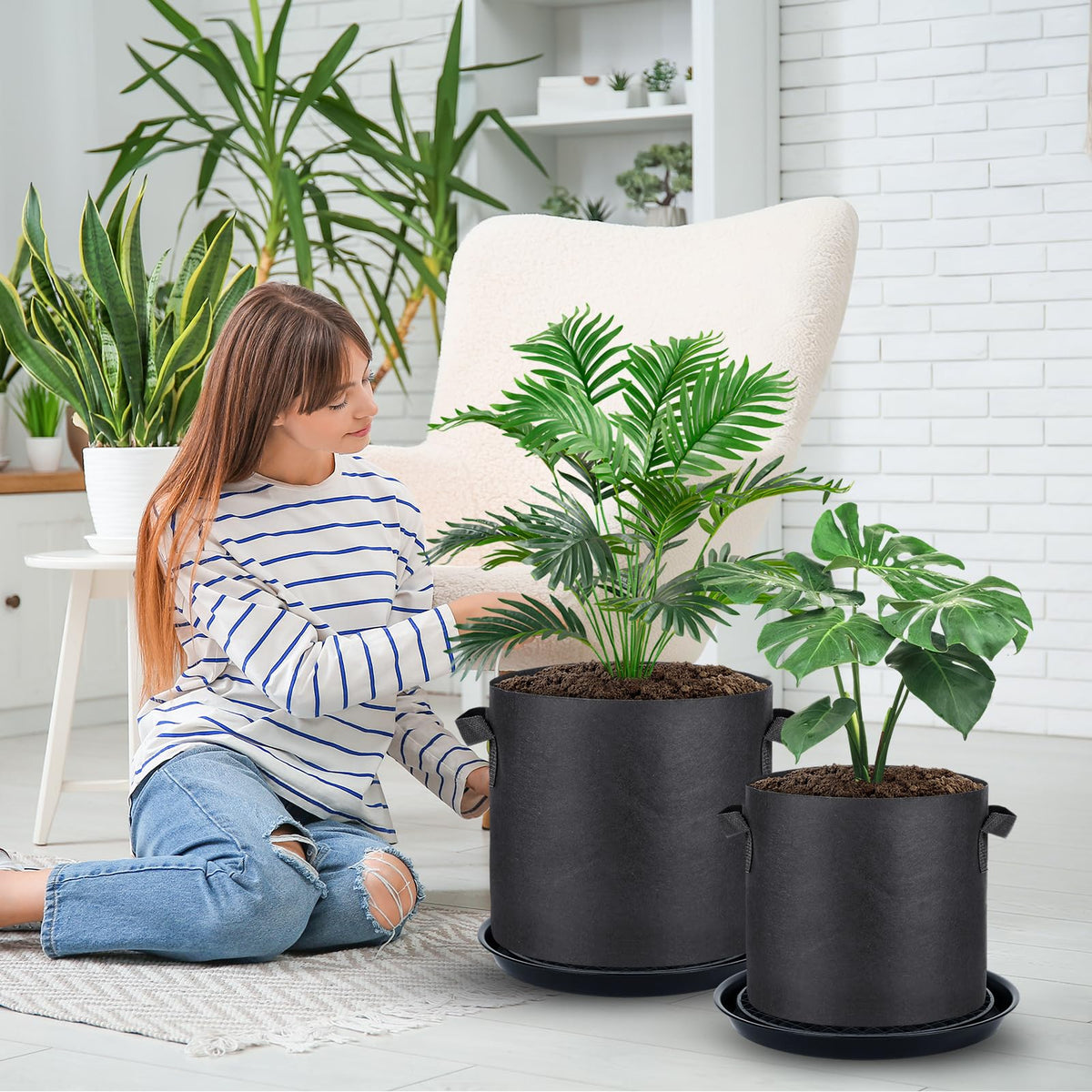 POILKMNI 4 Pack 14 Inch Self-Watering Fabric Pot Base, Auto Irrigation Plant Saucer Tray for 5 Gallon Grow Bags, Elevated Plant Stand with Wick System for Indoor Outdoor Garden Greenhouse Grow Tent