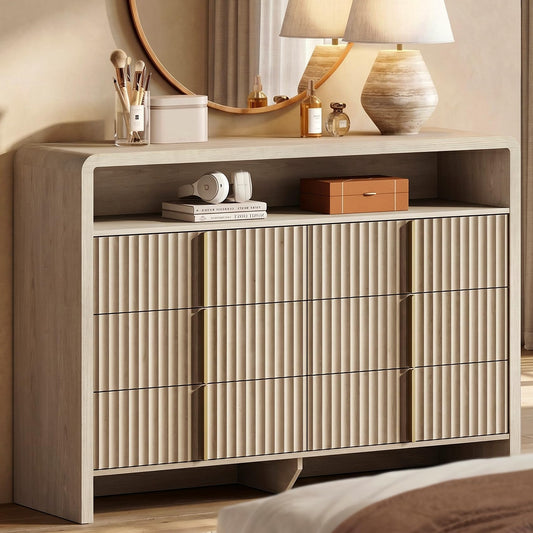 ModernMate 6 Drawer Dresser with Open Shelf, 53.2" Wide Fluted Dresser for Bedroom, Wood Chest of Drawers, Modern Storage Cabinet with Metal Handles, Anti-Tip Clothes Organizer, White Alder
