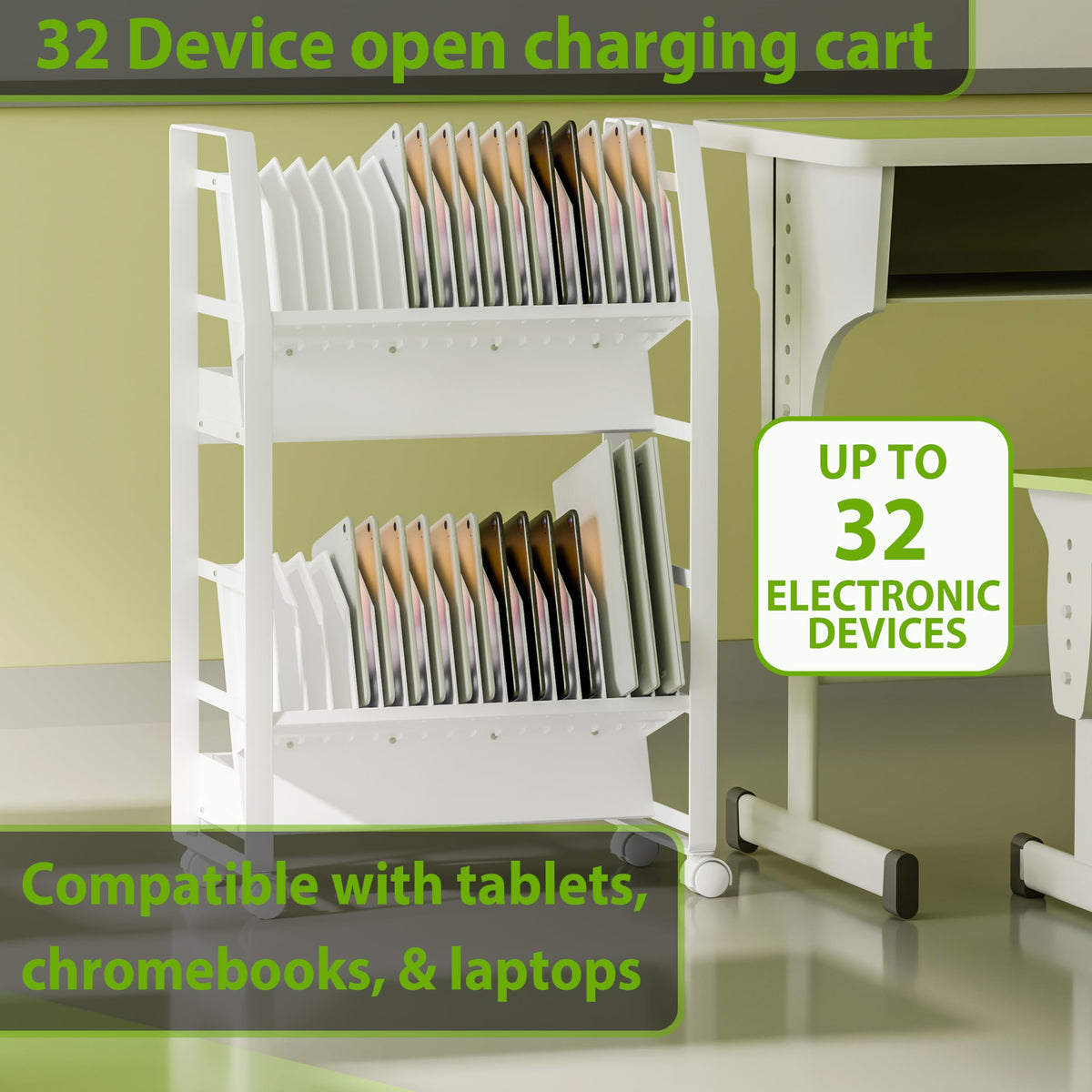 Chromebook Cart, Mobile Chromebook Charging Cart for iPads,Laptop Charging Cart , Chromebook Charging Station for Classroom, Compatible with Any Screen SizeEquipped with a 32-bit socket power strip.