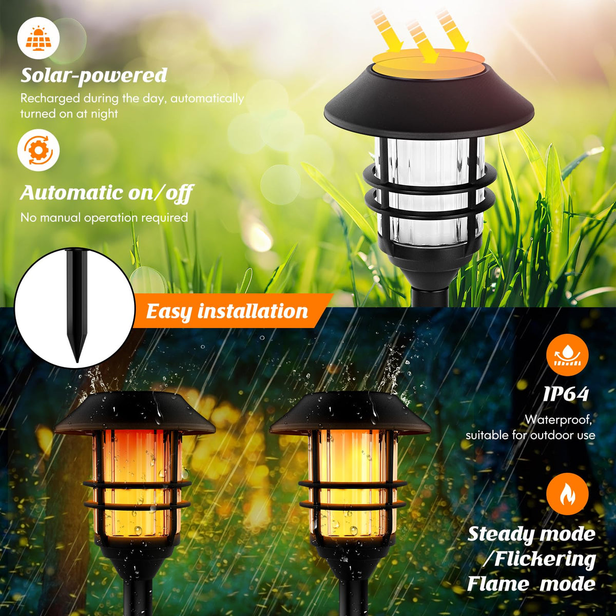 ZOOHAR Solar Outdoor Lights, Waterproof Pathway Torches, LED Metal Landscape Path Lights for Garden Patio Balcony & Pool (Pack of 4)