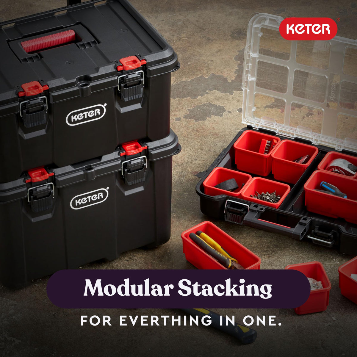 Keter Stack-n-Roll Modular Tools Organizer for Garage Storage and DIY, 3 Piece Resin Rolling Tool Box System for Small Parts, Black
