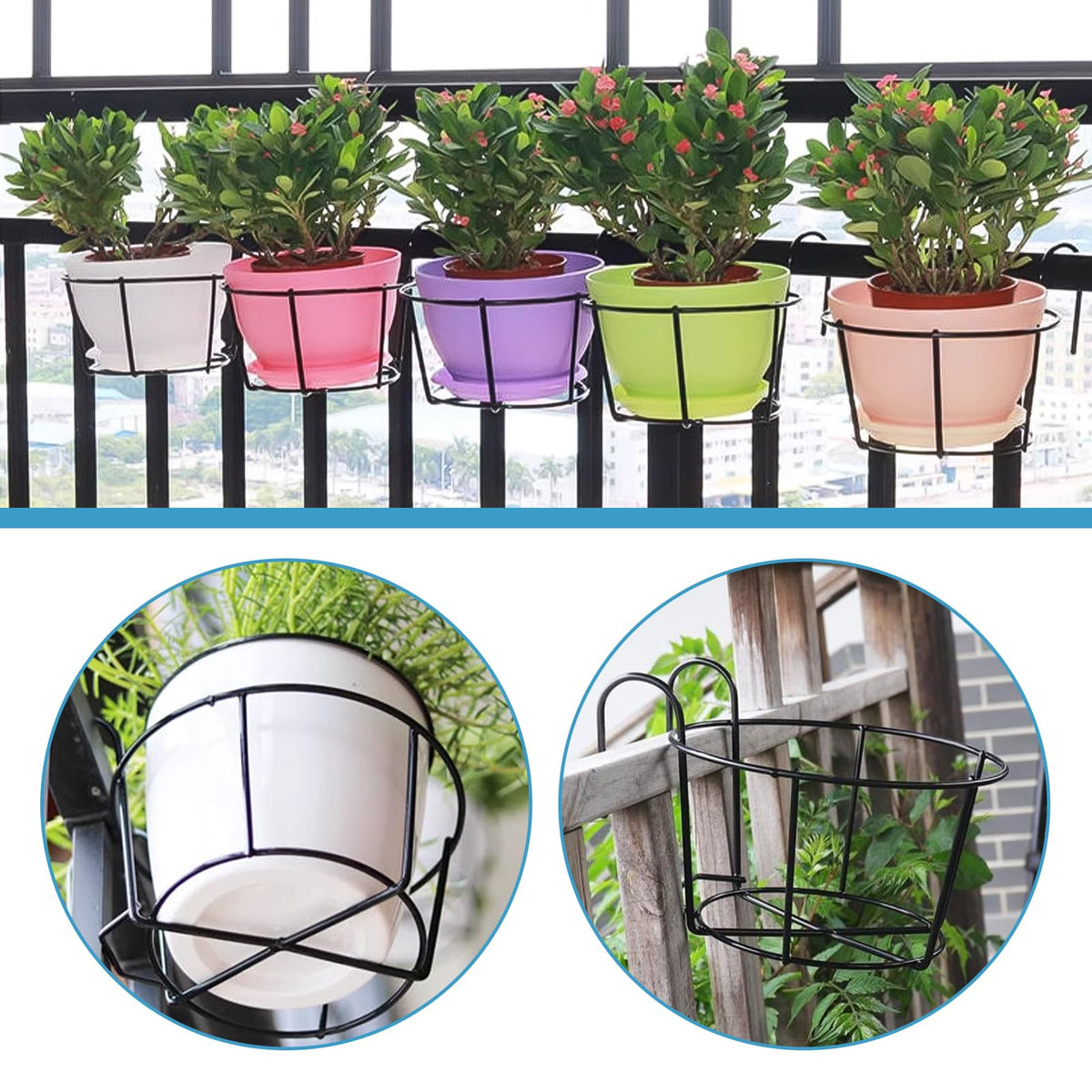 Leoenir 4 Pack Round Hanging Railing Planters - Metal Flower Pot Holder for Balcony and Fence （Black）