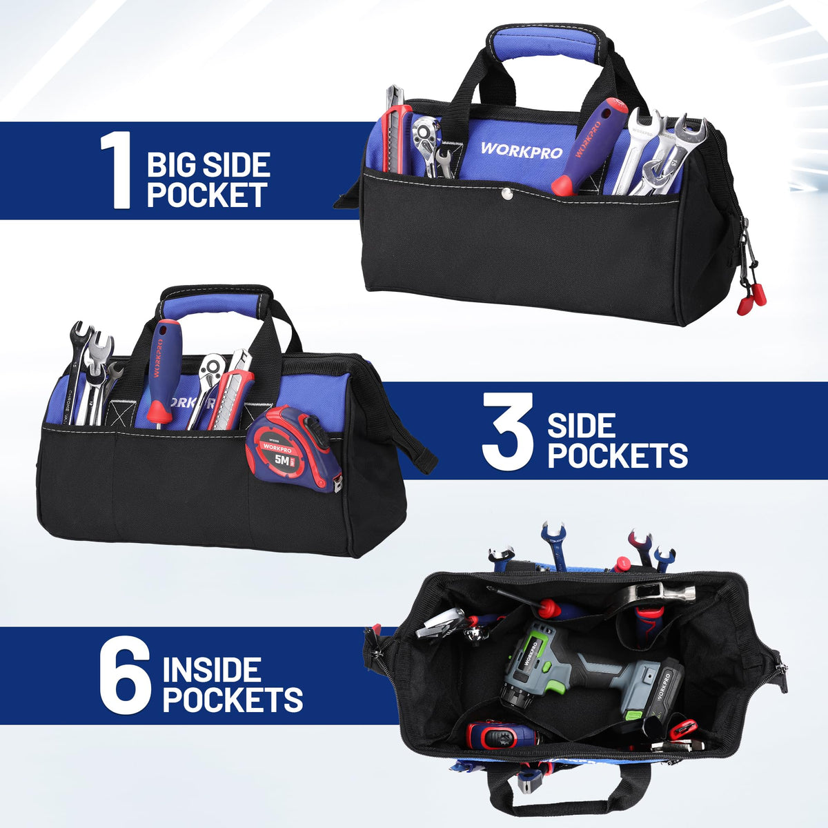 WORKPRO 13-inch Tool Bag, Wide Mouth Tool Tote Bag with Inside Pockets for Tool Storage