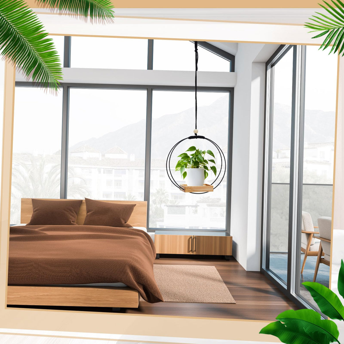 Geelin 4 Pack Plant Hanger with Wood Base Hanging Window Planter Boho Macrame Hanging Potted Plant Holders for Indoor Outdoor Window Wall Ceiling Home Decoration, Pot & Sapling Not Included (Khaki)