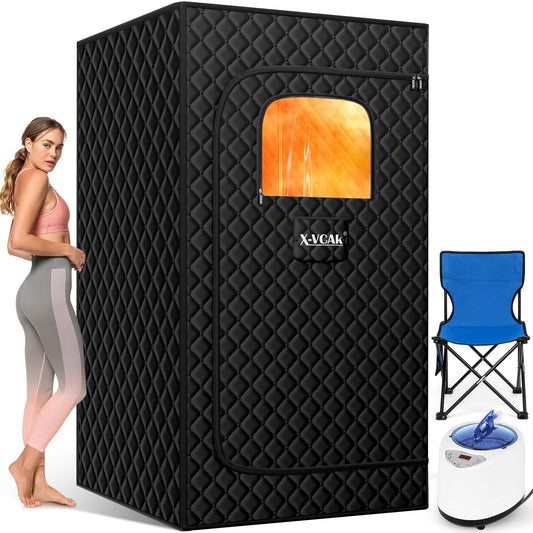 X-Vcak Portable Steam Sauna Tent for Home, Steam Sauna for Home with Steamer, 9 Temp Levels & 99 Min Timer, 5-Layer Waterproof Insulated, Folding Chair